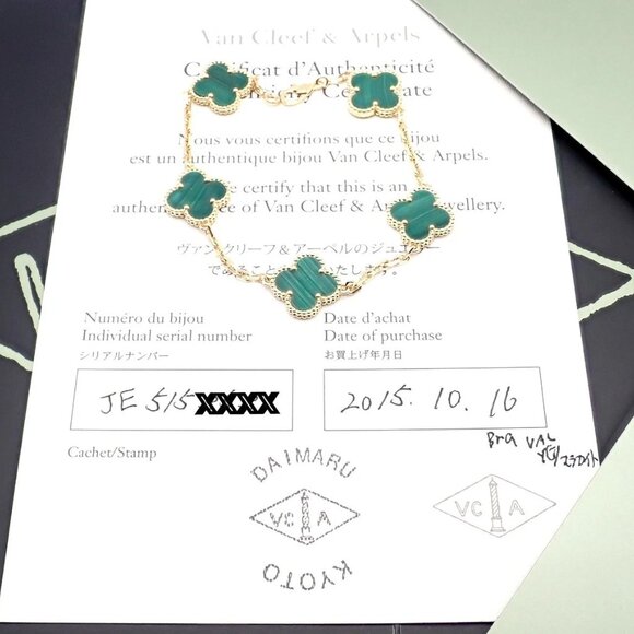 Authentic! Van Cleef & Arpels 18k Gold 5 Motif Malachite Alhambra Bracelet Cert. - Picture 10 of 15